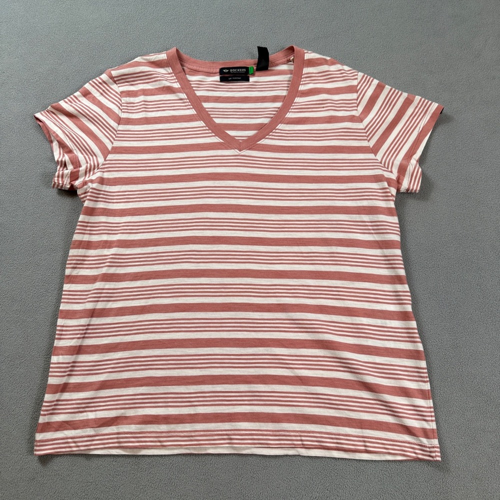 Dockers Womens Striped V Neck T Shirt L Slim Fit Red White‎ Cotton Short Sleeve